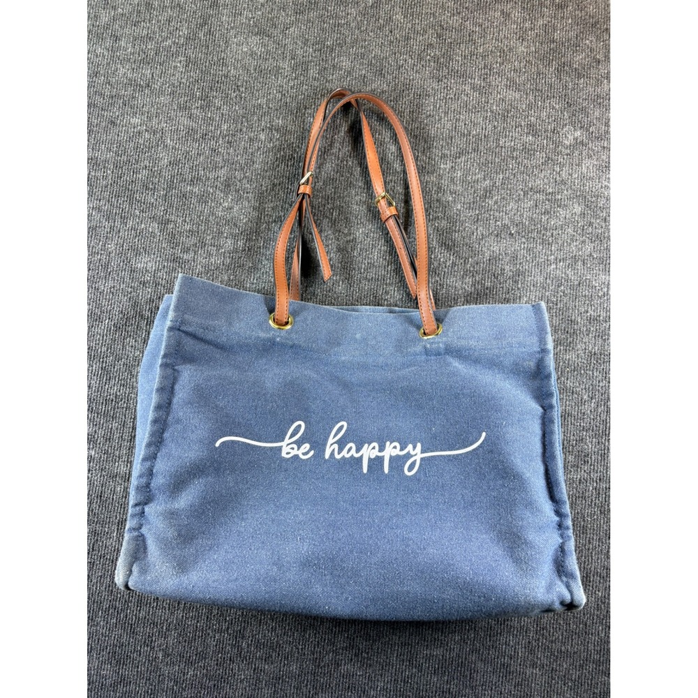 Blue Canvas Be‎ Happy Graphic Tote Bible Bag with Removable Pink Felt Organizer